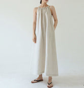 100% Linen Dress, Vintage Boat Neck Pleated Linen Dress, Summer Loose Casual Dress 20250313