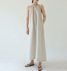 100% Linen Dress, Vintage Boat Neck Pleated Linen Dress, Summer Loose Casual Dress 20250313