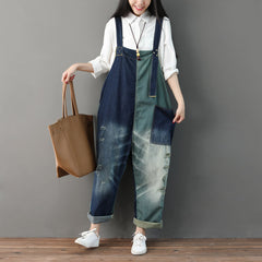 Patchwork cotton overalls, women's denim overalls, stonewashed loose overalls