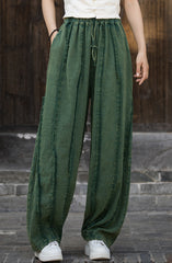 Cotton linen stonewashed loose-fitting straight-leg pants, vintage elastic waist casual pants 20240722