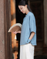 Frog button V-neck cotton linen T-shirt, summer Chinese retro women sandwashed cotton linen T-shirt 20240728