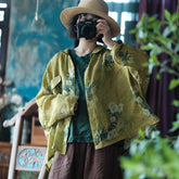 Vintage Yellow Digital Print Pure Ramie Shirt, Summer Loose Casual Shirt 240621