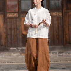 Cotton linen short-sleeved frog button shirt, vintage Chinese cotton linen shirt 20250328