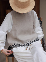 Summer Embroidered Linen Vest,Loose Casual Linen Sleeveless Top,100% Linen Sleeveless T-Shirt 20250314