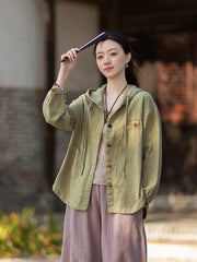 2026 Spring New Arrival: Oversized Casual Hooded Color-Blocked Button-Down Shirt, Women's Sandwashed Cotton-Linen Jacket