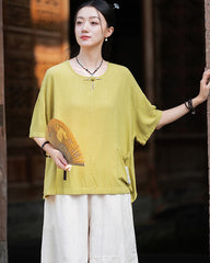 Frog button V-neck patchwork cotton linen T-shirt, summer Chinese retro women sandwashed loose cotton linen T-shirt 20240728