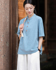Original cotton linen women's clothing, summer Chinese retro women's sandwashed cotton T-shirt 20240728