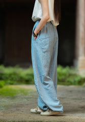Women's Stone Washed Linen Pants, Loose Casual Elastic Waist Fried Color Linen Pants Tapered Harlem Pants 20240728