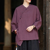 Women's Vintage Chinese Frog Button Long Sleeve Cotton Linen Shirt, Embroidery Standing Collar Splicing Irregular Loose Blouse 20240920