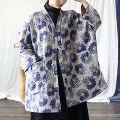Vintage Blue Japanese kimono, Oversize Printed bamboo leaf Cotton Linen Jacket 20250408