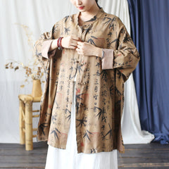 Vintage Brown Chinese Standing Collar Loose Frog Button Shirt, Oversize Printed bamboo leaf Cotton Linen Jacket 20250408