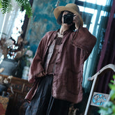 Vintage literary pure linen placket shirt, loose casual frog button coffee color shirt 240621