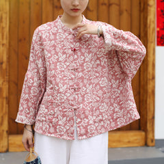 Vintage Chinese Standing Collar Loose Frog Button Shirt, Printed flower Cotton Linen Jacket 20250408