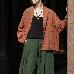 Vintage Chinese Standing Collar Frog Button Cotton Linen Shirt, Casual Loose Cotton Linen Kimono 20250328