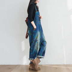 Hand-painted floral cotton ankle overalls, women's denim overalls, stonewashed loose overalls