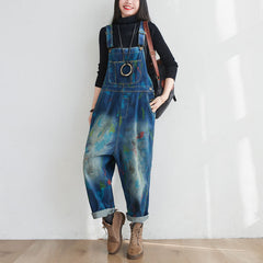 Hand-painted floral cotton ankle overalls, women's denim overalls, stonewashed loose overalls
