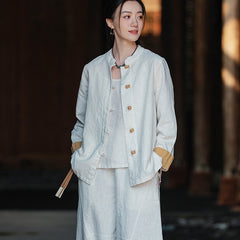 Vintage Chinese collar frog button long-sleeved cotton shirt, casual loose cotton jacket 20250328