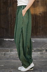 Cotton linen stonewashed loose-fitting straight-leg pants, vintage elastic waist casual pants 20240722