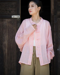 Summer Ramie Chinese Standing Collar Shirt,Sand Washed Frog Button Women's Long Sleeve Shirt 20240714