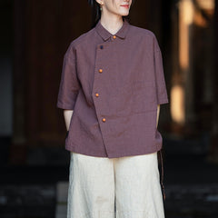 Cotton linen short-sleeved frog button shirt, summer vintage Chinese cotton linen shirt 20250328