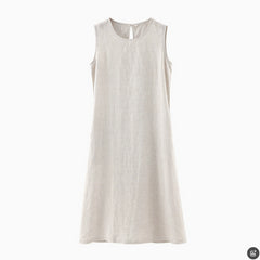 100% Linen Dress, Summer linen dress,Vintage Boat Neck Pleated Linen Dress, Summer Loose Casual Dress 20250313