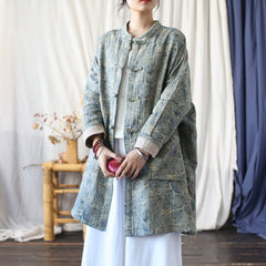 Chinese Standing Collar Loose Frog Button Shirt, Oversize Printed Cotton Linen Jacket 20250408