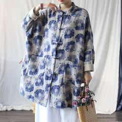 Vintage Blue Chinese Standing Collar Loose Frog Button Shirt, Oversize Printed Cotton Linen Jacket 20250408