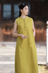 2026 Summer Women's Boho-Chic Dress: Loose-Fit, Sand-Washed Ramie Mid-Length Dress with a Zen-Inspired Aesthetic