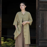 Chinese Style Frog Button Ramie Cotton Lapel Cheongsam Collar Mid-Length Shirt,Loose Cotton Linen shirt dress 20240714