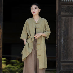 Chinese Style Frog Button Ramie Cotton Lapel Cheongsam Collar Mid-Length Shirt,Loose Cotton Linen shirt dress 20240714