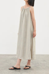 100% Linen Dress, Vintage Boat Neck Pleated Linen Dress, Summer Loose Casual Dress 20250313