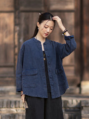 2026 Spring New Arrival: Boho-Retro Stand-Collar Distressed Double-Breasted Button-Down Cotton-Linen Blouse for Women