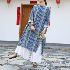 Vintage Chinese Standing Collar Loose Frog Button dress, Printed flower Cotton Linen dress 20250408