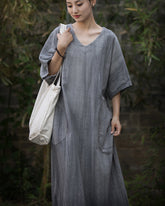 Women loose cotton linen dress plus, V-Neck Handmade Tie-Dye Dress,Loose Cotton Linen Dress 20240714
