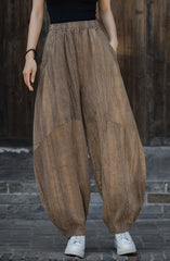 Ramie Handmade Tie-Dyed Loose Wide Leg Pants, Vintage Tapered Elastic Waist Lantern Trousers 20240722