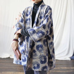 Vintage Blue Japanese kimono, Oversize Printed bamboo leaf Cotton Linen Jacket 20250408