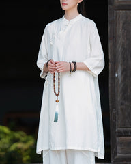 Cotton Linen Long Shirt, Summer New Chinese Standing Collar Frog Button Dresses 20240728