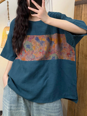 Women Loose-fitting printed T-shirt Summer Vintage Flower Spliced O-Neck Shirt