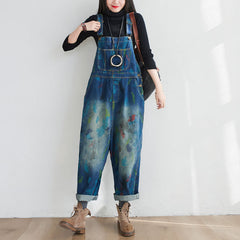 Hand-painted floral cotton ankle overalls, women's denim overalls, stonewashed loose overalls
