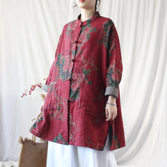Vintage Frog Button Stand-up Collar shirt, Oversize Printed Red peony Cotton Linen Jacket 20250408