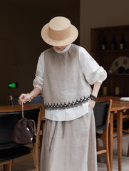 Summer Embroidered Linen Vest,Loose Casual Linen Sleeveless Top,100% Linen Sleeveless T-Shirt 20250314
