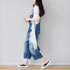 Patchwork print floral stonewashed cotton overalls, women's denim washed overalls