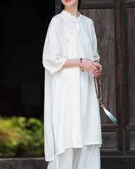 Cotton Linen Long Shirt, Summer New Chinese Standing Collar Frog Button Dresses 20240728