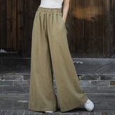 Ramie Handmade Tied Mid Waist Wide Leg Pants, Vintage Elastic Waist Casual Pants 20240722