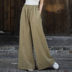 Ramie Handmade Tied Mid Waist Wide Leg Pants, Vintage Elastic Waist Casual Pants 20240722