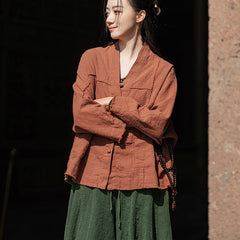 Vintage Chinese Standing Collar Frog Button Cotton Linen Shirt, Casual Loose Cotton Linen Kimono 20250328