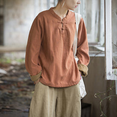 2024 Winter Cotton Linen Padded Bottom Shirt, Plate Button Retro Literary Women's Tops 20241113