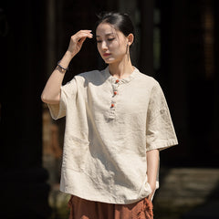 Summer Cotton Chinese t-shirt,cotton linen Washed Plate Button Women's Short Sleeve T-Shirt 20240714