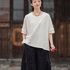 Summer boat neck cotton linen shirt, vintage casual loose T-shirt 20250328