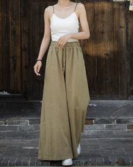 Ramie Handmade Tied Mid Waist Wide Leg Pants, Vintage Elastic Waist Casual Pants 20240722
